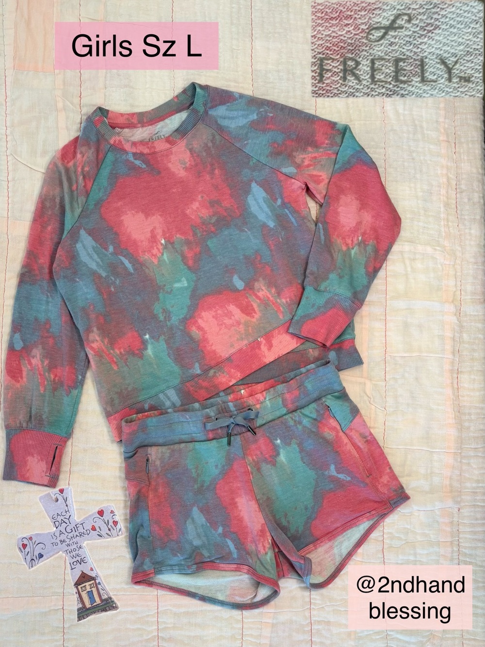 Freely Girls Kate Sweatshirt & Shorts, Tie-Dye Set - Coral, Teal & Purple, Sz L